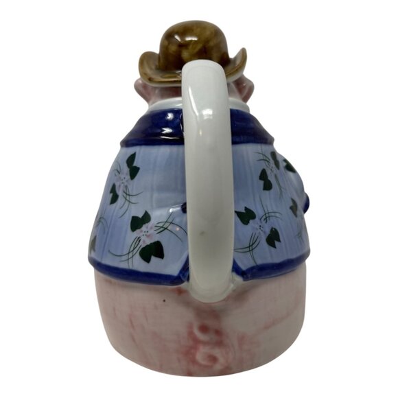 Handcrafted Gentlemen Pink Pig Teapot Blue Jacket Hat Tie Courting Kitschy Vtg - Picture 3 of 6